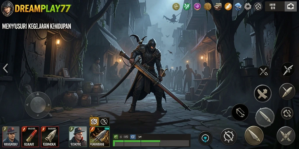Screenshot menunjukkan gameplay menakutkan di <strong>DREAMPLAY77</strong> dengan suasana mencekam.