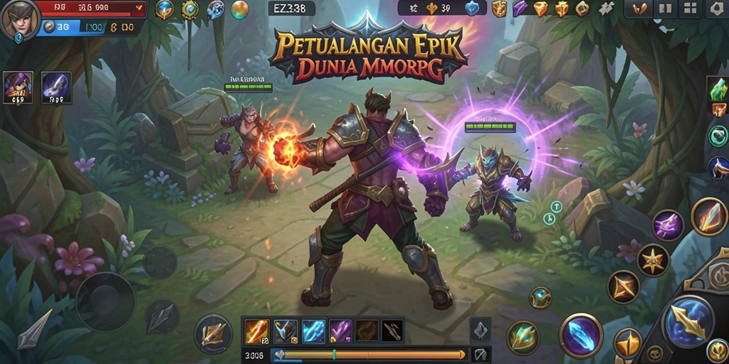 Screenshot permainan dari EZ338 yang menunjukkan pertempuran epik di dunia MMORPG.