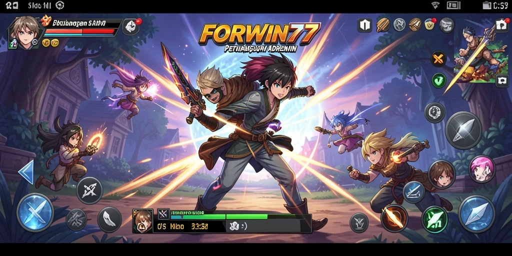 Tampilan gameplay seru dalam FORWIN77 yang penuh aksi anime.
