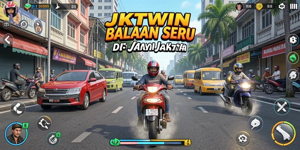 Tampilan seru gameplay JKTWIN dengan balapan di jalanan Jakarta.