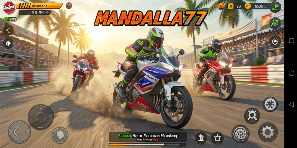 Screenshot gameplay MANDALA77 menampilkan balapan motor yang mendebarkan.