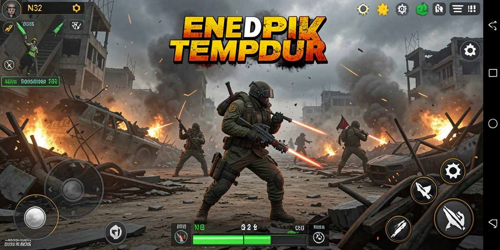 Screenshot gameplay N32 menampilkan pertempuran seru di arena Battle Royale.