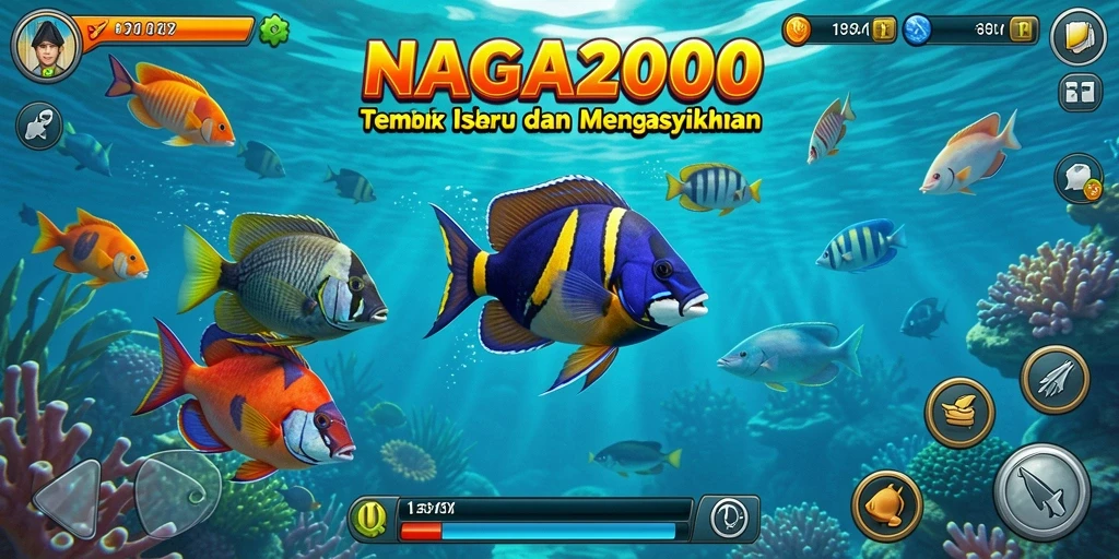 Screenshot utama NAGA2000 menampilkan momen seru saat menangkap ikan besar.