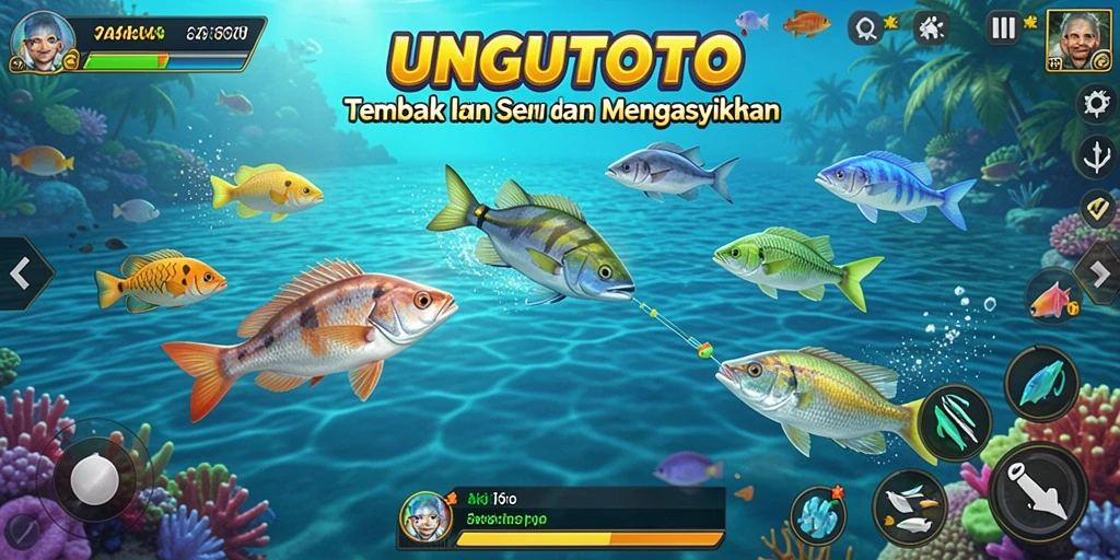 Tangkapan layar gameplay UNGUTOTO yang menampilkan aksi menembak ikan.